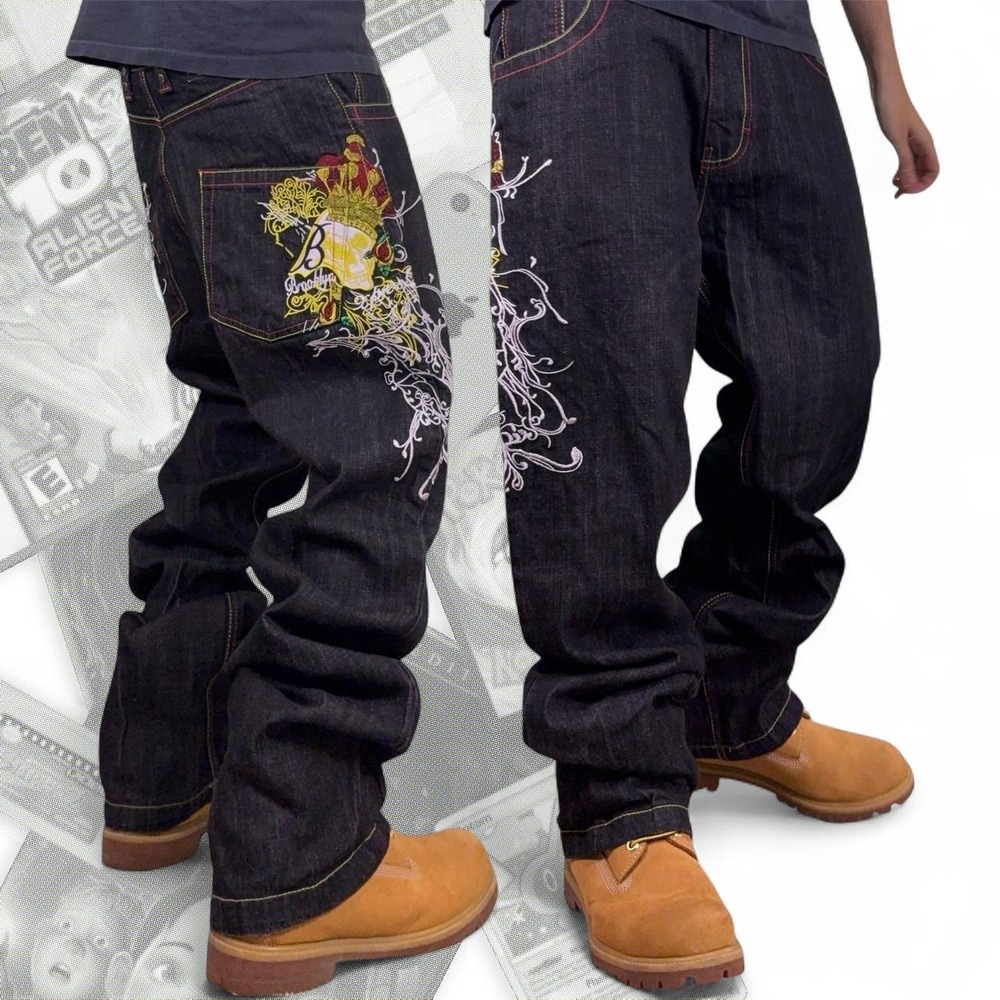 Vintage Brooklyn Xpress Y2K Skater Jeans Black Skull Graphic Embroidered 34x34